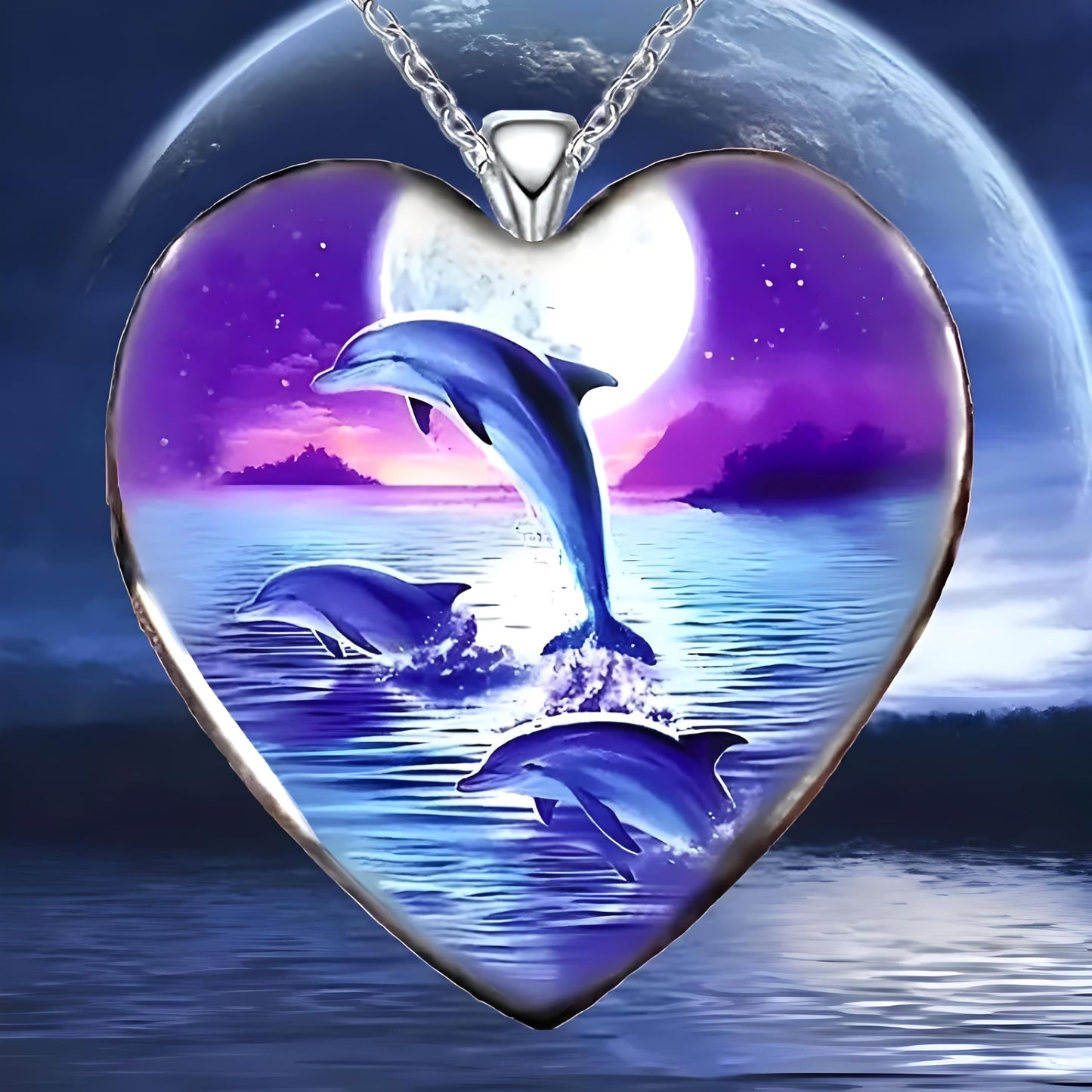 Dolphins Jumping in the Ocean Heart Pendant Necklace, Ocean Scene with Stainless Steel Necklace - Holiday, Christmas, or Birthday Gift