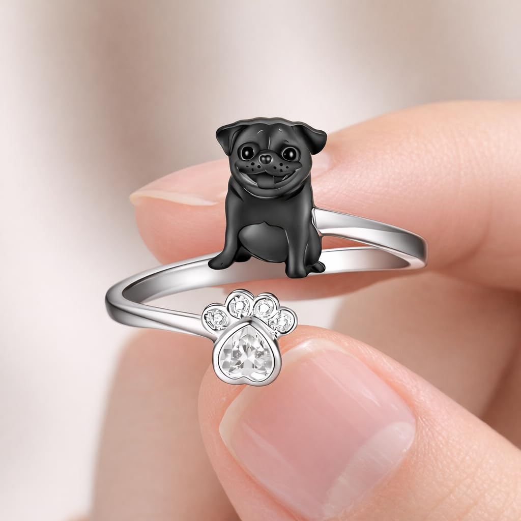 SUPAC German Shepherd, Yorkie, Pug Dog Paw Adjustable Ring, Sterling Silver, Paw Print Design with Crystal Accents - Christmas, Birthday, or Party Ring