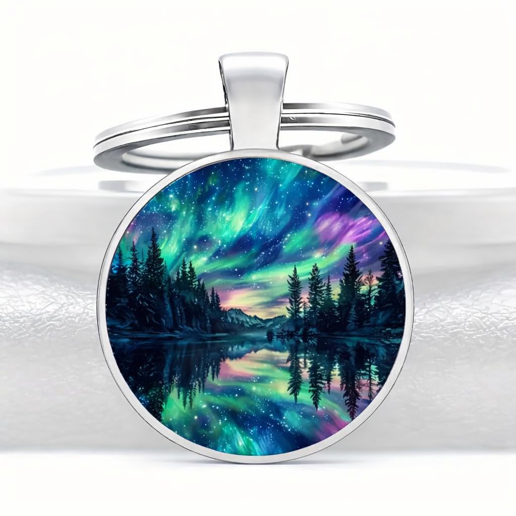 SUPAC Mountain Sunset Stained Glass Art Keychain, Nature Scene Design, Round Pendant (Aurora Borealis)