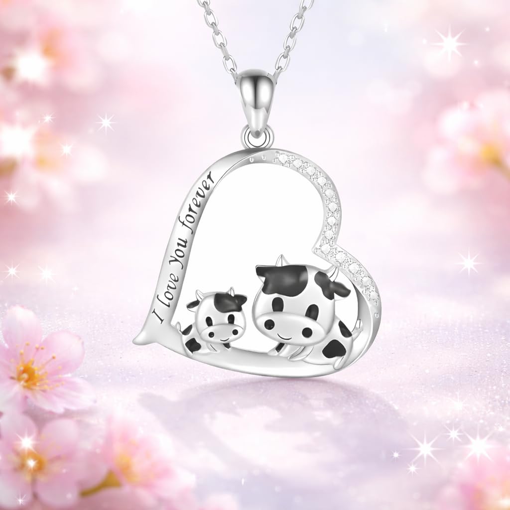 Blue Heart Shaped Mother and her Calf Cow Pendant Necklace for Women - Mother's Day Gift, Christmas, or Birthday Gift