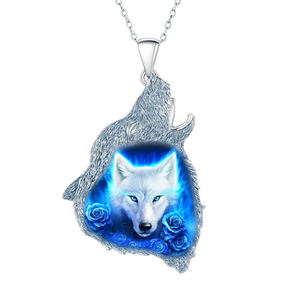 SUPAC Wolf Howling Galaxy, Solar System, Snow Field, Pendant Necklace, Stainless Steel Chain - Christmas, Birthday, or Party Gift (Snowfield)
