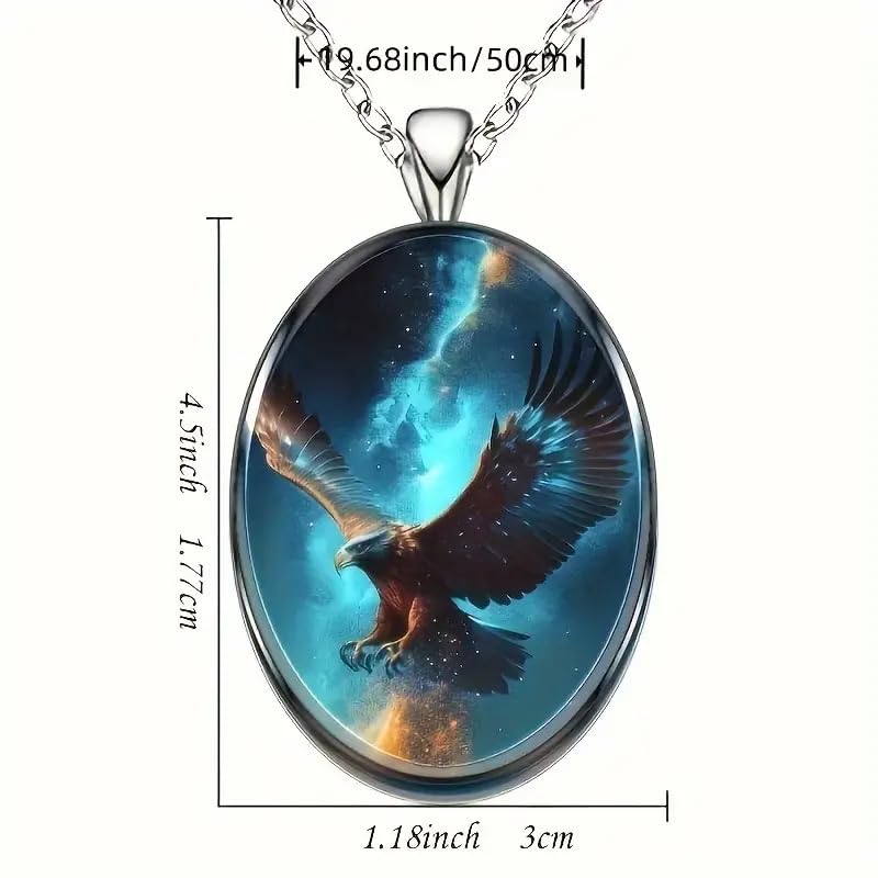 SUPAC Galaxy Eagle Pendant Necklace, Oval Shaped with Night Sky/Solar System Design - Christmas, Holiday, or Birthday Gift