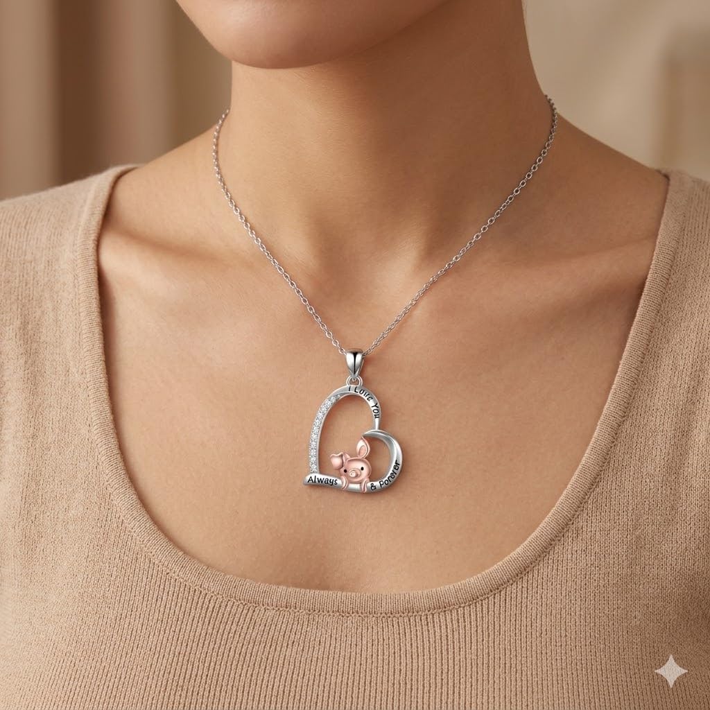 SUPAC Crystal Heart Pendant Necklace with Rose Gold Pig Design, Stainless Steel Chain, I Love You Always & Forever Message, CZ Diamonds, 17.5 Inch