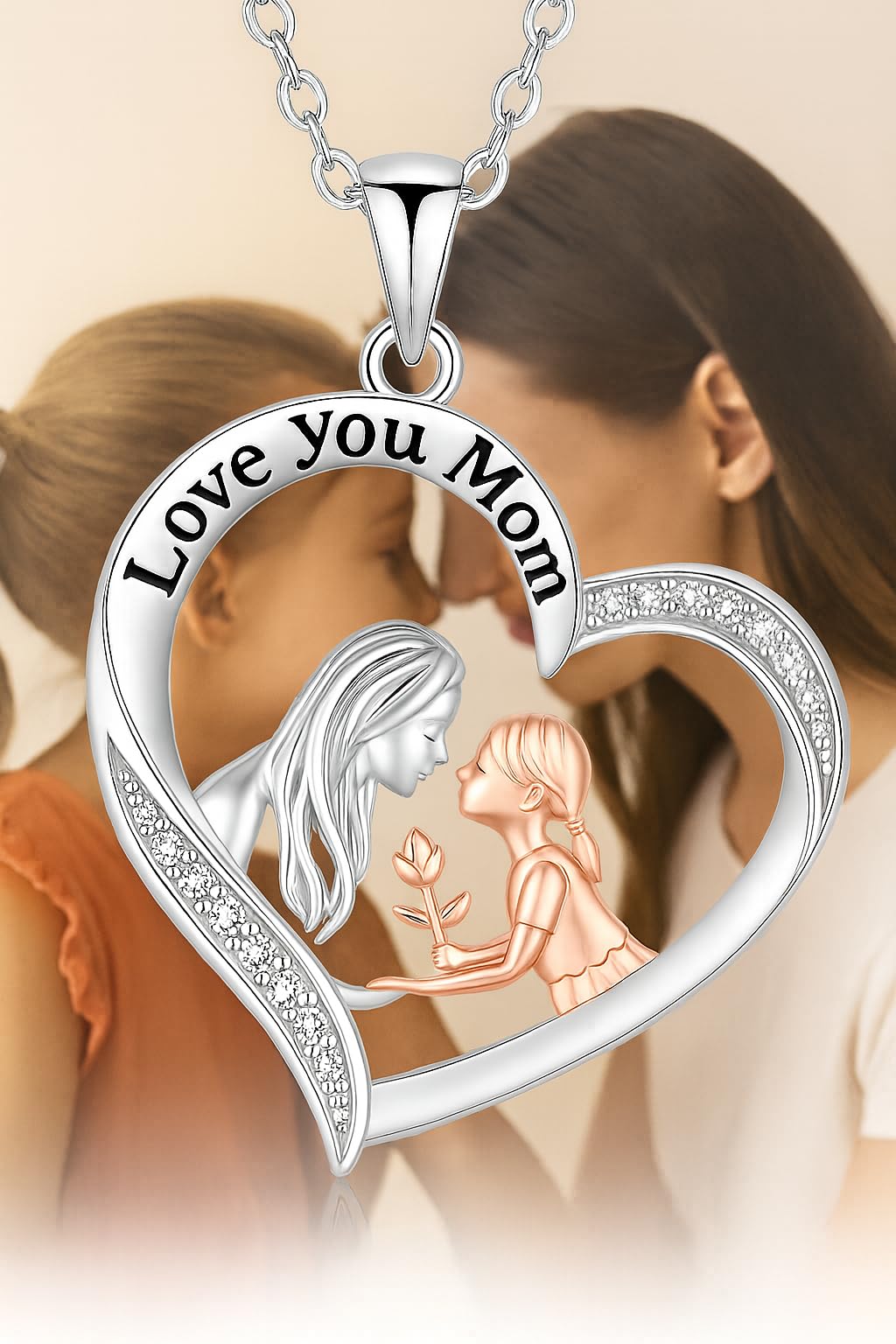SUPAC Heart-Shaped Mother's Day Necklace, Family + Necklace Options with Crystal Accents, Pendant Gift, Silver and Gold-Tone, 'I Love You Always & Forever' Message (Mother + Daughter)