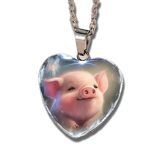 Cute Smiling Pink Piglet Heart-Shaped Glass Pendant Necklace - Stainless Steel, Birthday, Holiday, or Christmas Gift