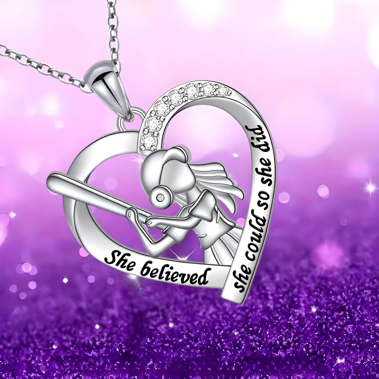 Sports Heart Necklace, 9 Different Sport Options: Basketball, Jumping Cheerleader, Gymnast, Softball, Volleyball, Ballet Ballerina, Runner, Sports Accessories Birthday Gift- Simulated Rainbow Diamonds, Christmas, Birthday or Party Gift