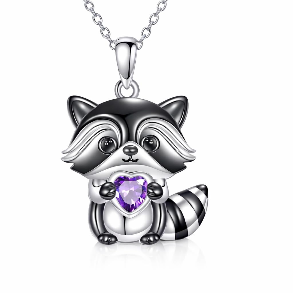 SUPAC Smiling Raccoon Necklace, Holding a Blue Heart, Silver and Black - Racoon Jewerly Gift