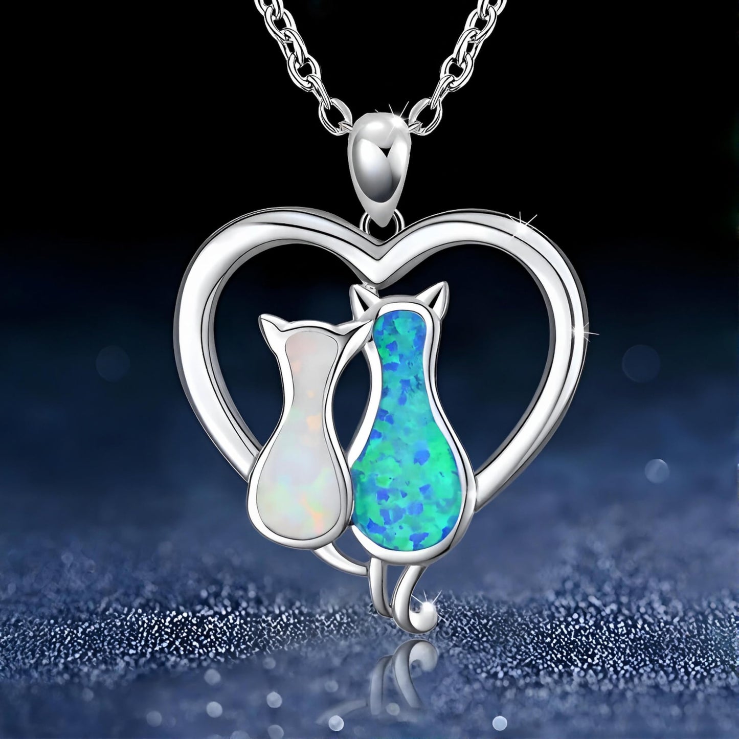 Cute Silver and Blue Turquoise Cat Heart Necklace - Stainless Steel Cat Design, Multi-Color Crystal (2 Cats)