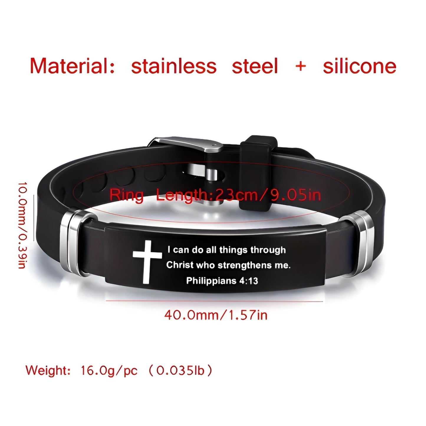 Christian Cross Bracelet with Proverbs 3:5, Phillipians 4:13, Matthew 19:26, Isaiah 41:10, Luke 1:37, Matthew 28:20 Scripture, Black Silicone Adjustable Watch Band, 9.05 inch Length