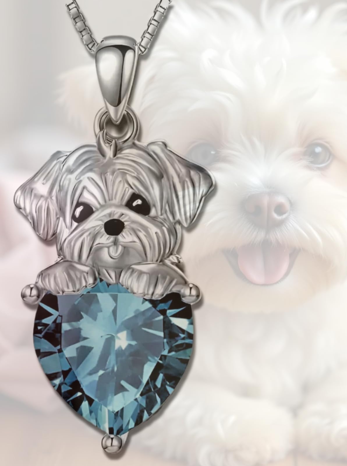 Sterling Silver Dog Necklace with Blue Heart Crystal, Shih Tzu Jewelry - Gift for Women