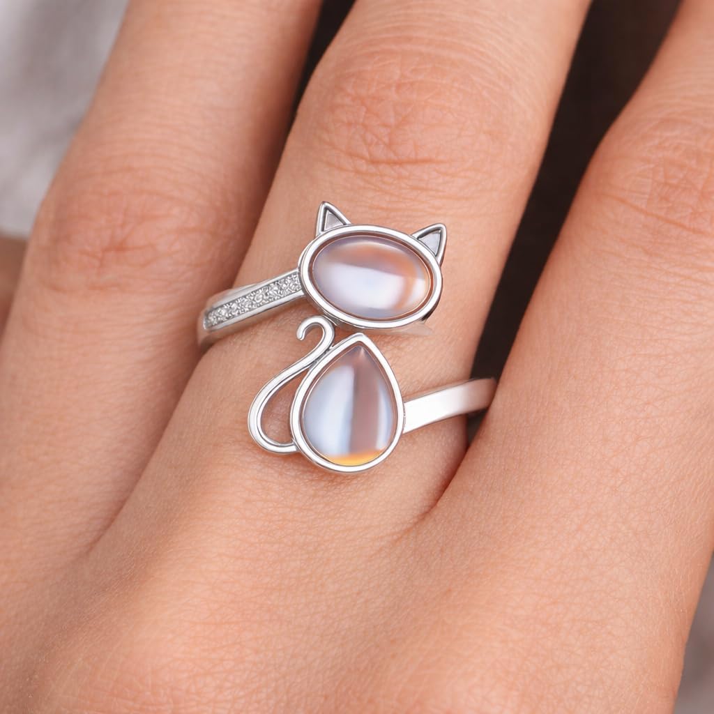 SUPAC Stainless Steel Cat Ring with Moonstone, Adjustable Band, Crystal Accents Design - Cat Lovers' Gift