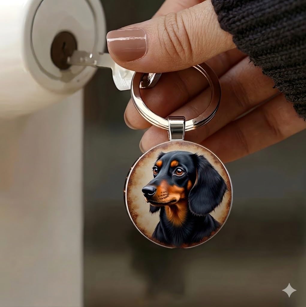 SUPAC Dog Lovers' Keychain, Different Puppy Breeds Portrait Round Glass Keychain, Silver Metal Frame, 1.06 Inch Diameter