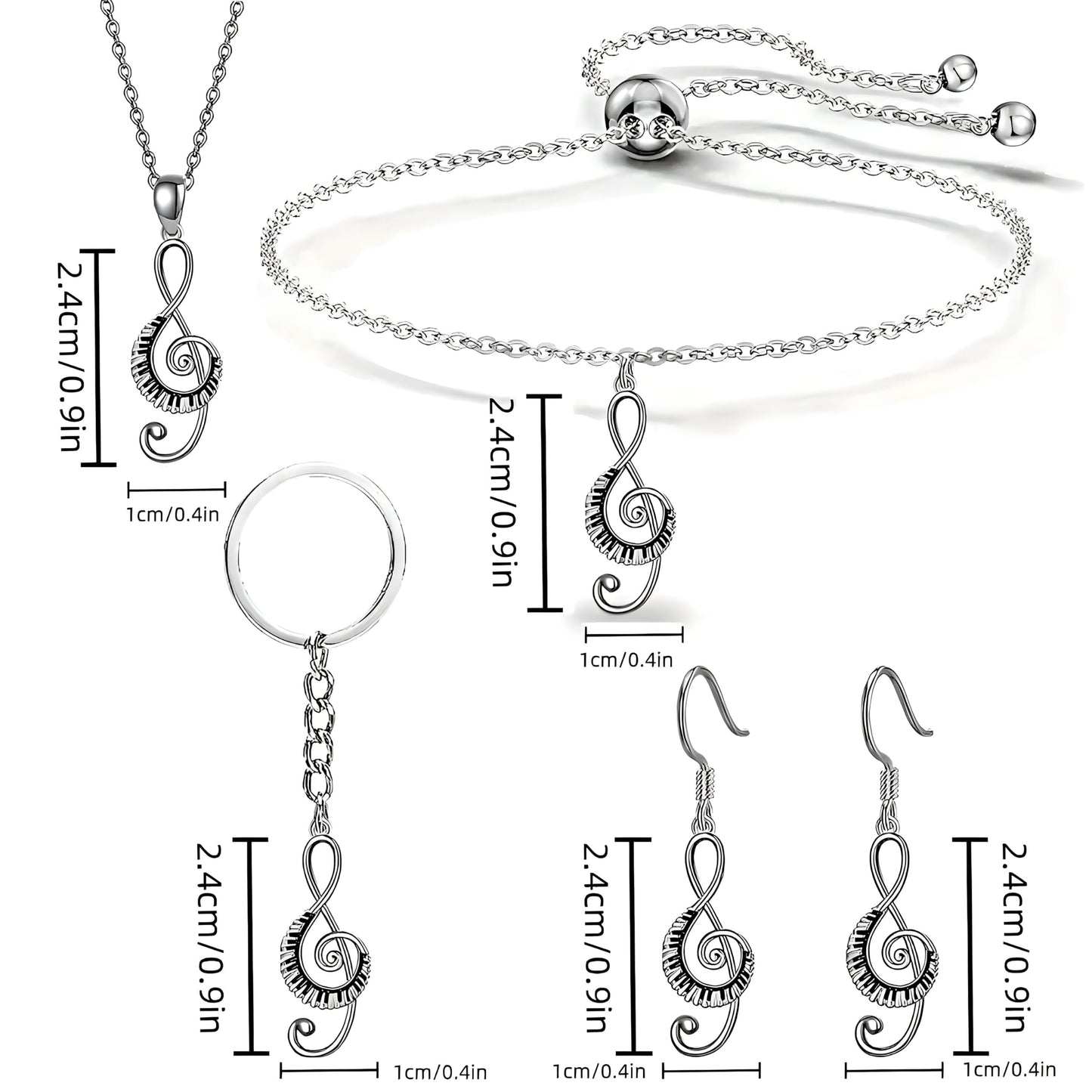 Musical Note Jewelry Set, 4-Piece Silver Treble Clef Design, Necklace Bracelet Earrings Keychain
