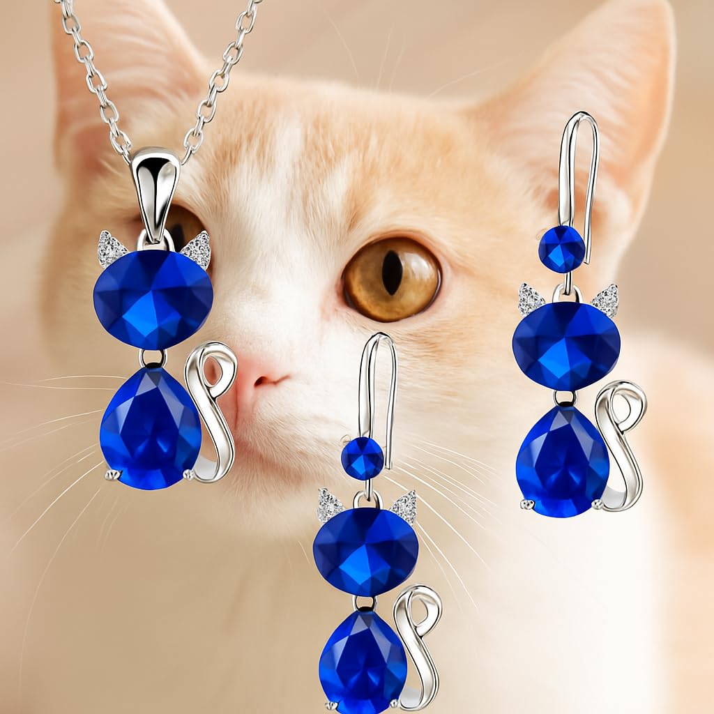 SUPAC Pink and Purple Cat Jewelry Set, Rose Gold Plated Crystal Necklace Earrings Ring, Gift for Cat Enthusiasts 6 Color Variations