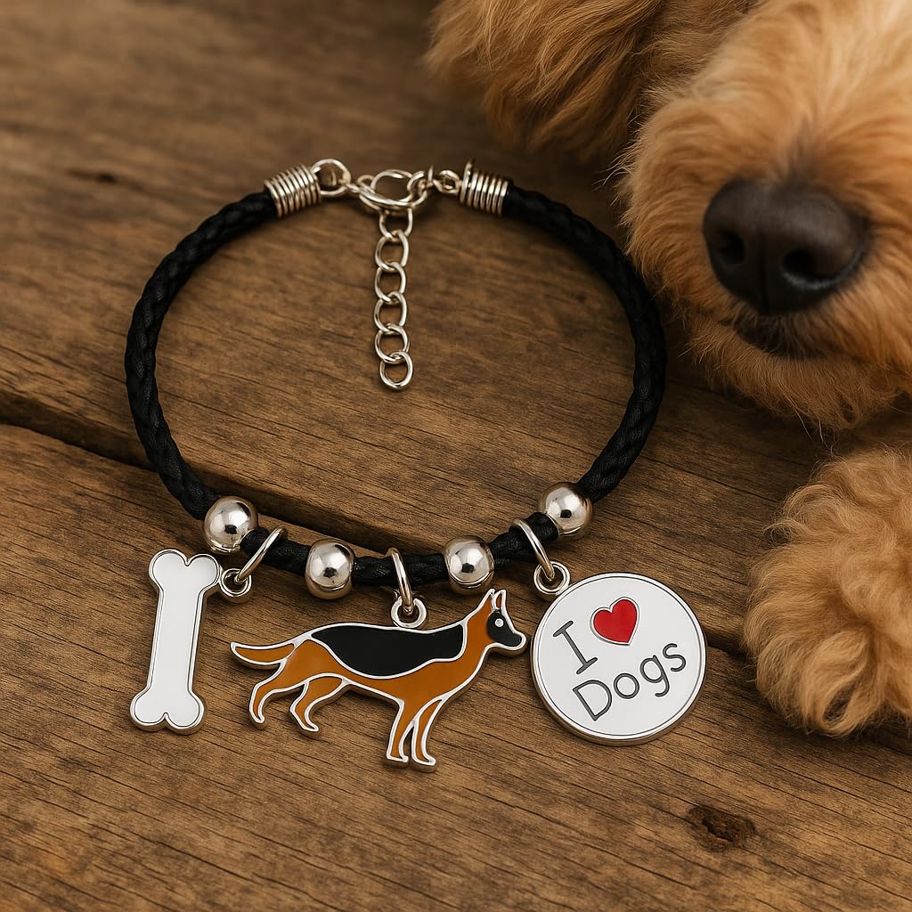 Pet Charm Bracelet with Dog Charms, Black Braided Band, I Love Dogs Design - Dog Lovers' Bracelet - Different Breeds of Dogs, Pet Lover Gift for Birthday and Holiday, Durable and Long-Lasting, Hypoallergenic and Nickel-Free, Everyday Wear (German Shepard)