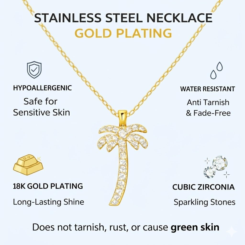 SUPAC Crystal Palm Tree Pendant Necklace, 18.7 Inch Gold Chain, Rhinestone Tropical Charm