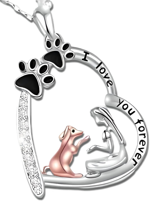 SUPAC Dog Breeds Necklace, German Shepherd, Labrador Retriever, Heart Pendant Necklace, Black and Gold, Crystal Paw Print Design, Dog Lovers Gift