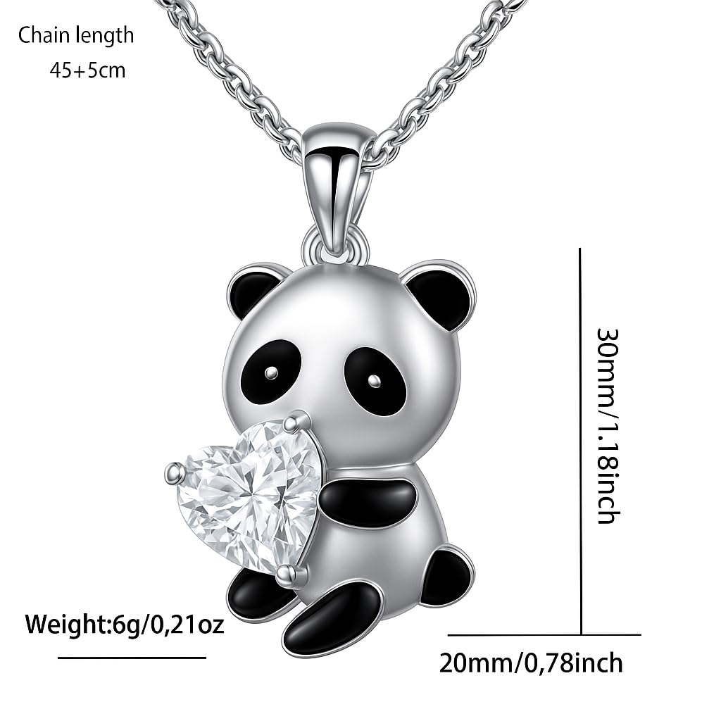 Cute Panda Heart Crystal Pendant Necklace, 17.7 inch Chain, Silver - 6+ Color Options