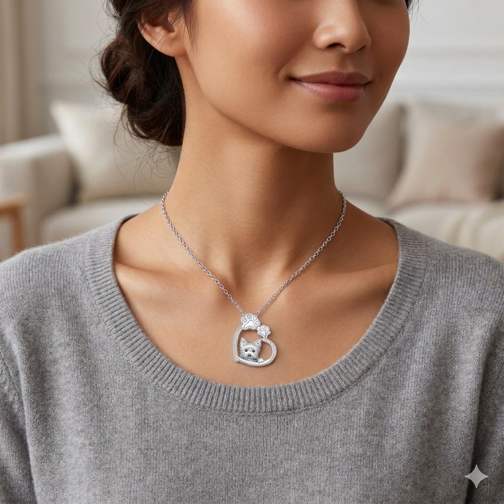 SUPAC Yorkie Dog Necklace with Heart and Paw Print Design, Silver Stainless Steel with Cubic Zirconia, 17.7 Inch Chain