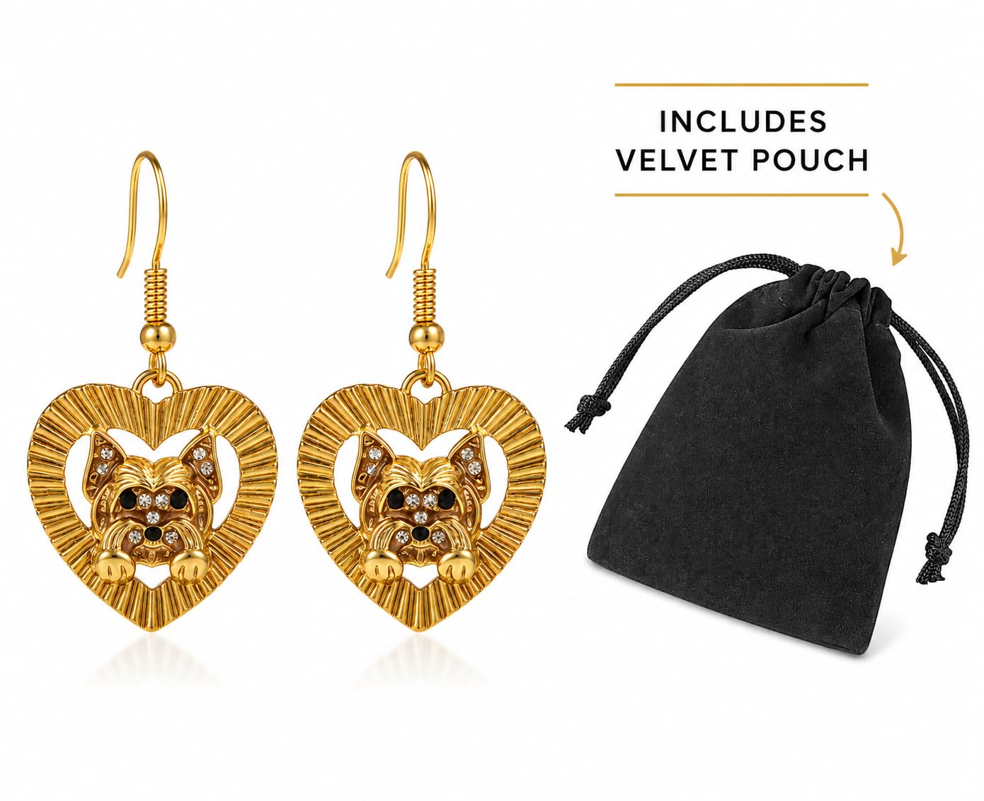 Yorkie Heart Drop Earrings, Gold, Stainless Steel, Crystal Accent, 0.94 x 0.94 in, Dog Lover Jewelry
