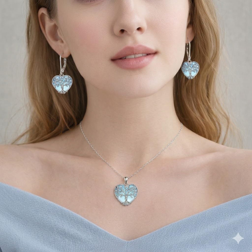 SUPAC Tree of Life Jewelry Set, Blue Crystal Heart Design, Silver-Tone Necklace Bracelet Earrings Keychain, 4-Piece Set