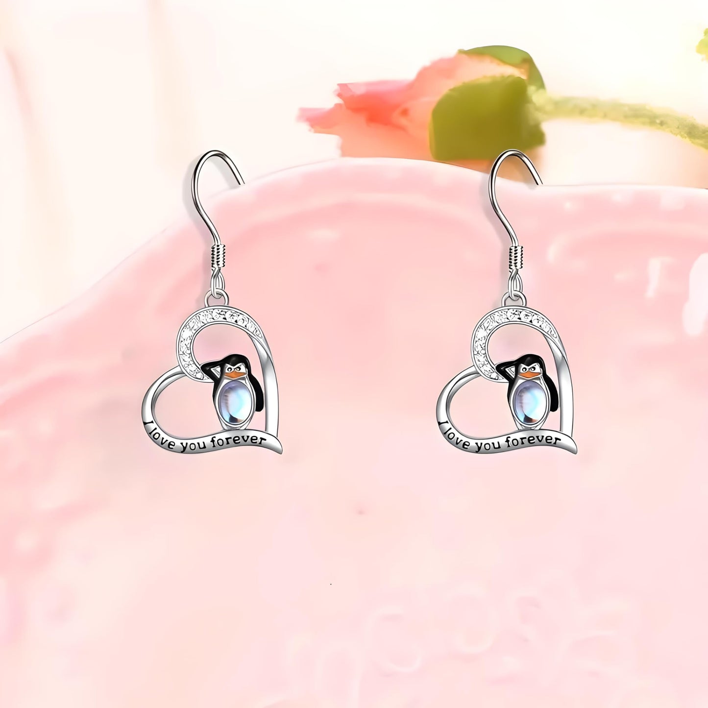 Sterling Silver Penguin Pendant Necklace with Opal Stone and CZ Accents, 'Love You Forever' Engraved - Happy Feet Penguin