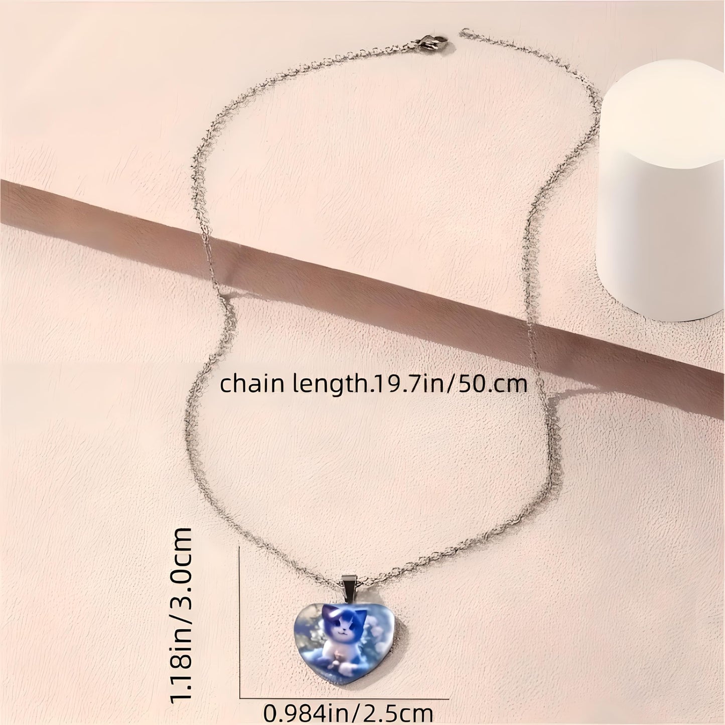 Heart-Shaped Cat Pendant Necklace with Floral Design, 19 inch Chain - Stainless Steel with Glass Pendant - Christmas, Holiday, or Birthday Gift