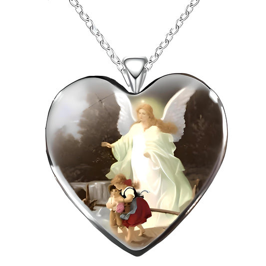 Angel's Embrace Glass Heart Pendant - Stainless Steel Chain, Capturing the Essence of Divine Protection and Unconditional Love, Christmas, Holiday, or Birthday Gift