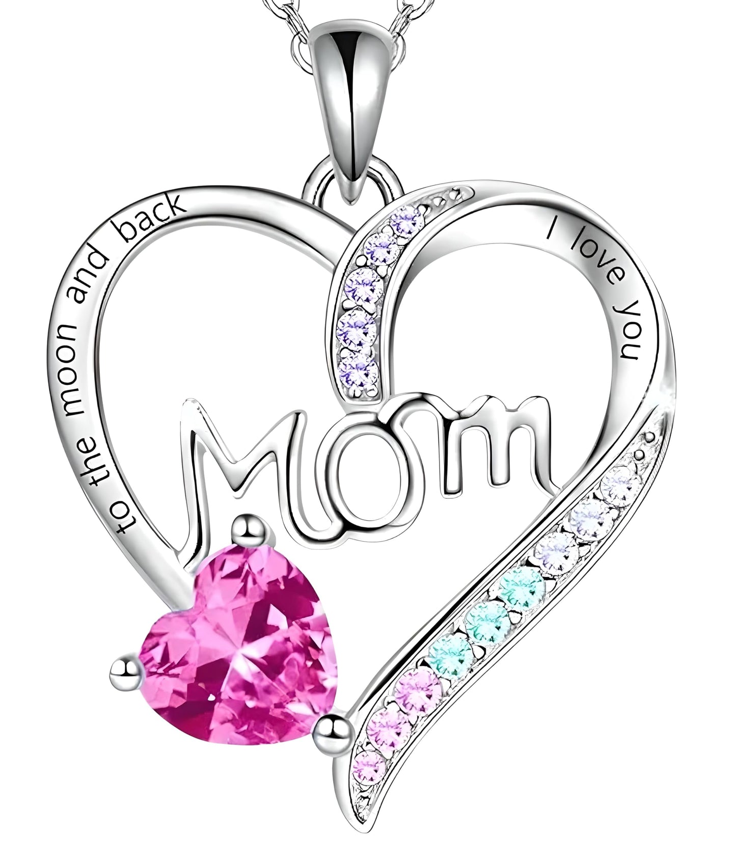 Heart Mom Necklace, Sterling Silver Crystal Pendant with Pink Heart Stone, I Love You to the Moon and Back - Mother's Day Gift