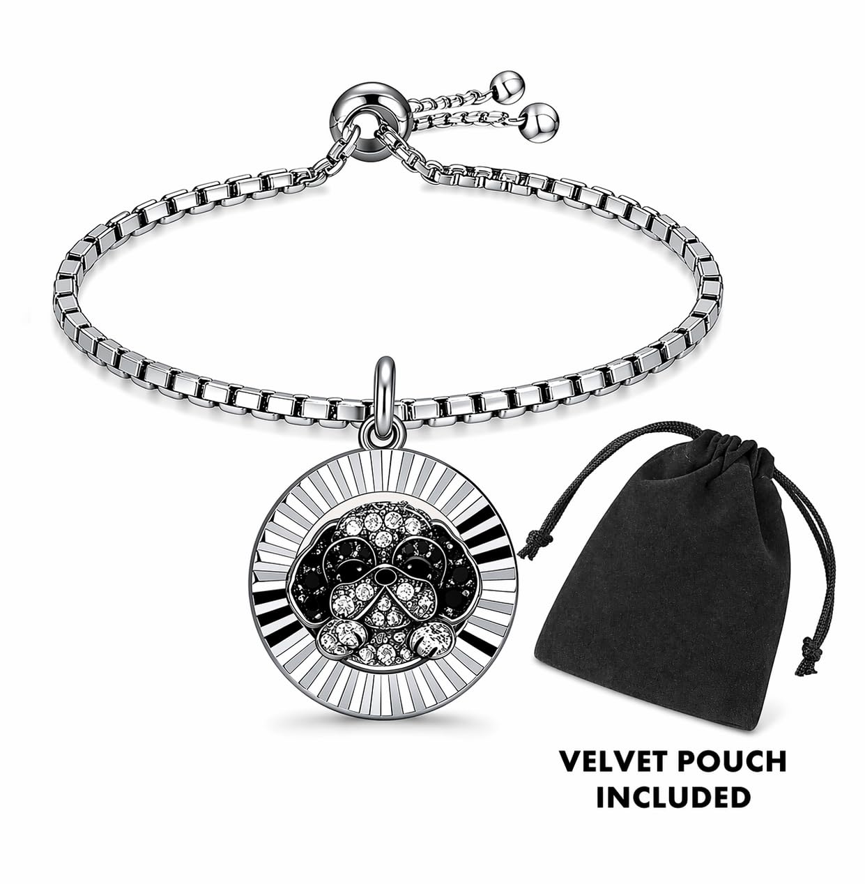 SUPAC Shih Tzu Charm Bracelet, Stainless Steel with Silver Plating, Adjustable Box Chain, Round Dog Pendant with Black & Clear Stones
