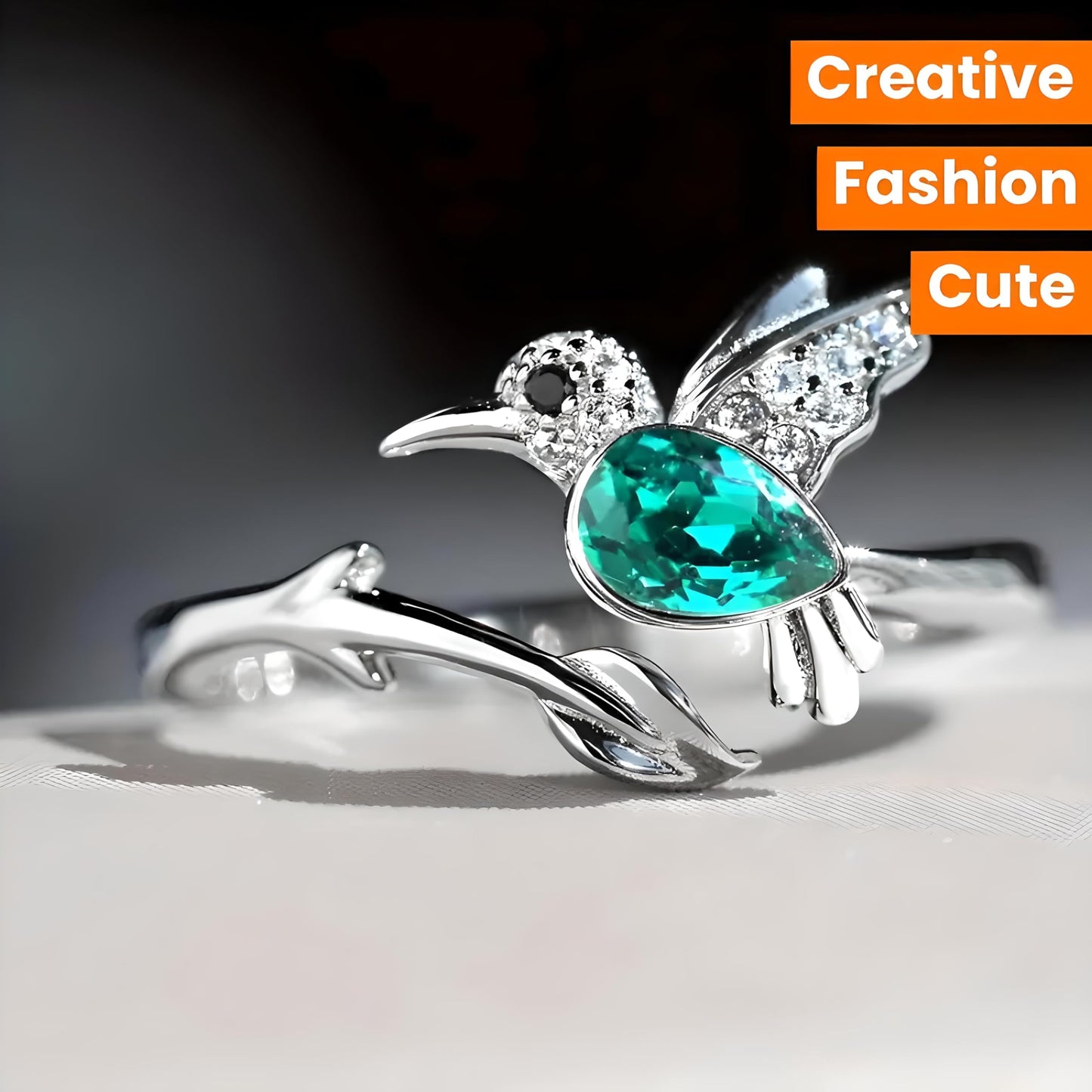 Stainless Steel Hummingbird Ring with Enamel Flowers, Adjustable, Turquoise and Purple