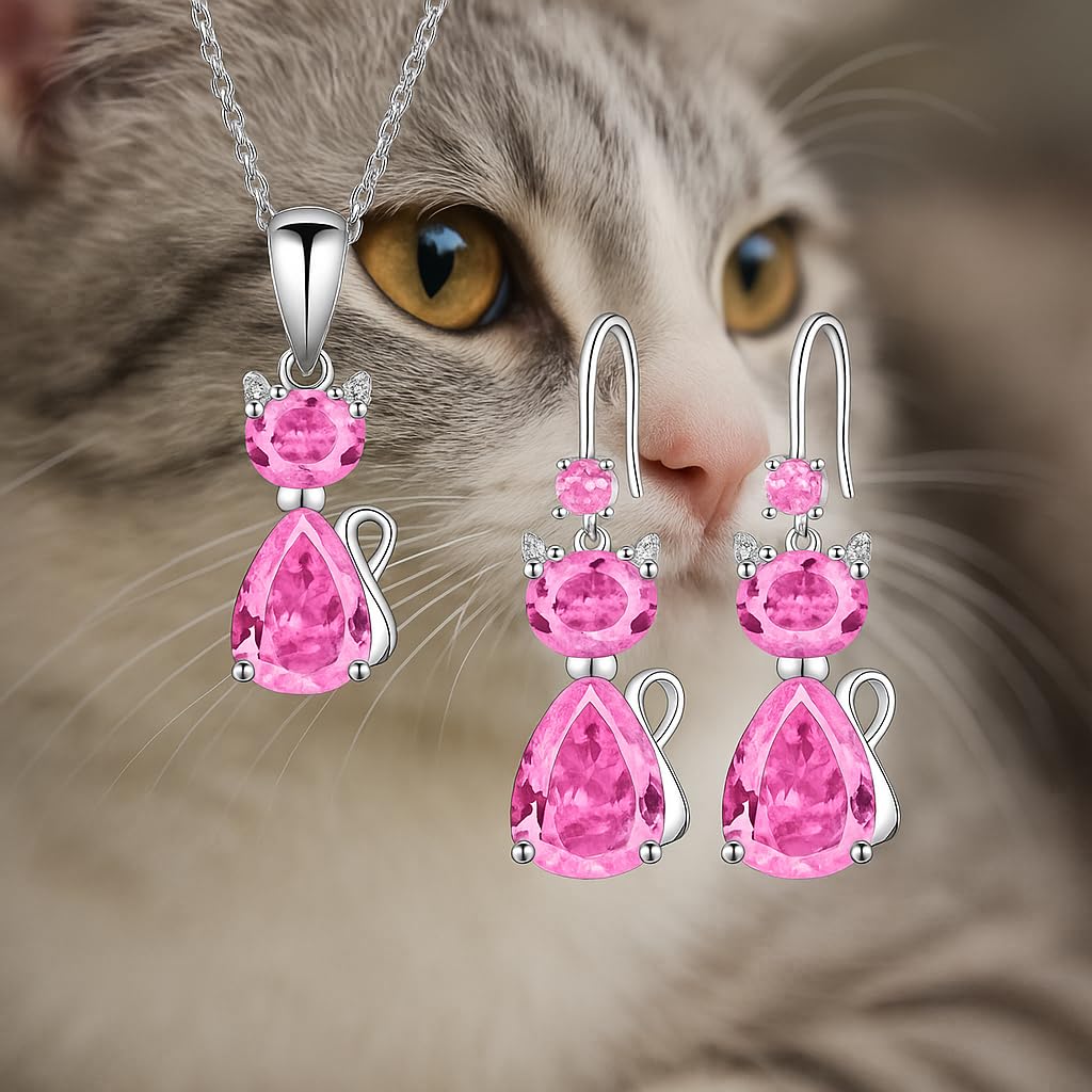 SUPAC Pink and Purple Cat Jewelry Set, Rose Gold Plated Crystal Necklace Earrings Ring, Gift for Cat Enthusiasts 6 Color Variations