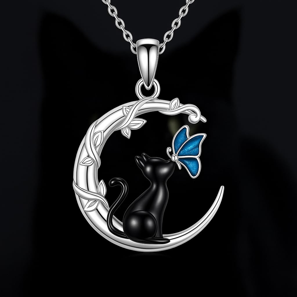 SUPAC Black Cat Reaching for the Moon Necklace, Butterfly Necklace - Crystal Moonstone Pendant, Silver Chain - Gift