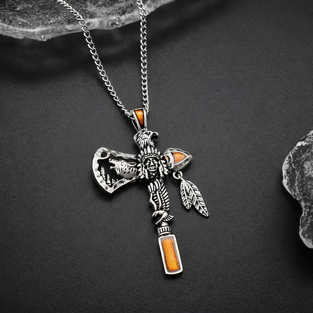 SUPAC Indian Axe Pendant Necklace, Native American Wolf Design, Stainless Steel Chain (Brown)