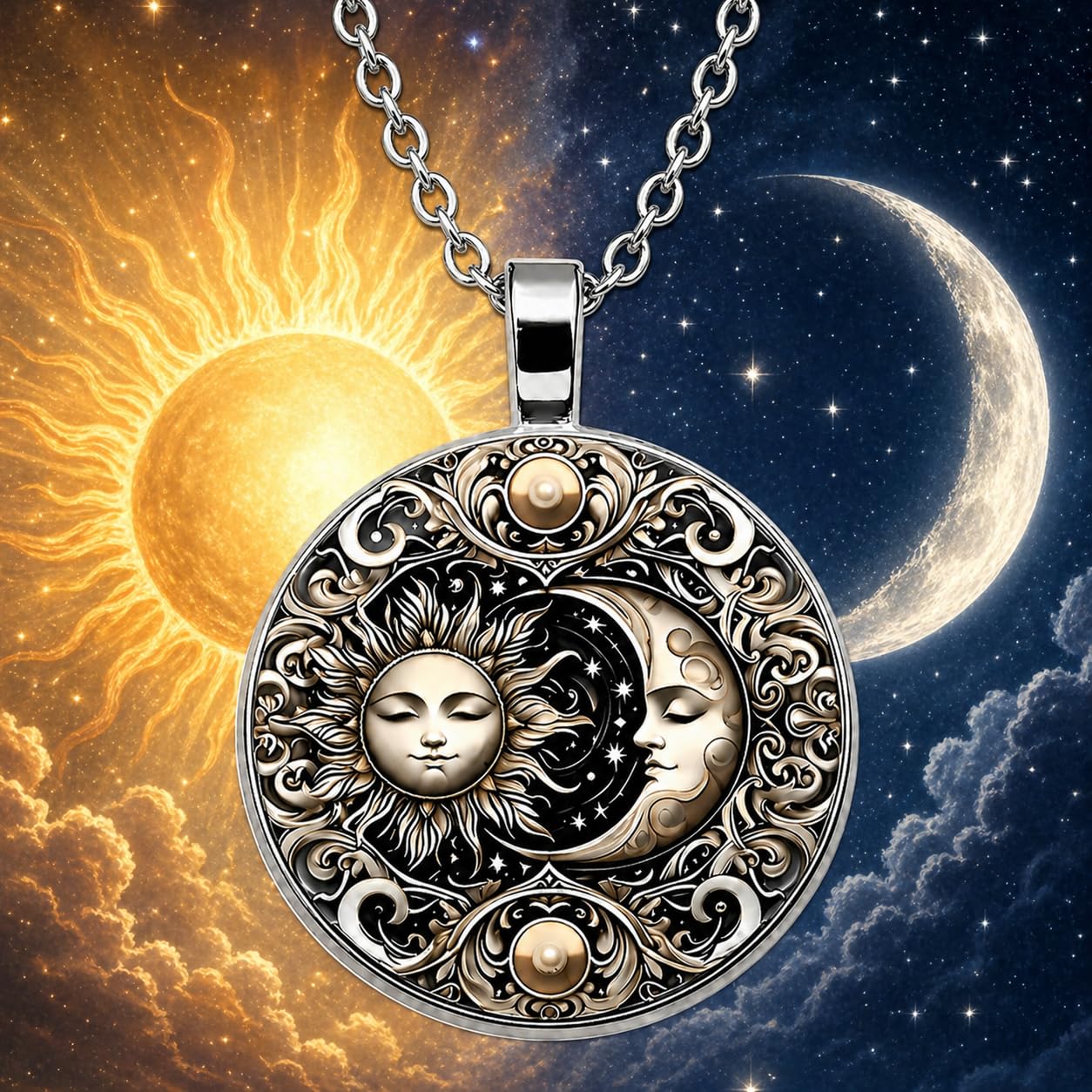 1pc Stunning Round Pendant Necklace - Unique Sun & Moon Pattern, Oil Painting Style Glass Mosaic, Alloy Construction, Trendy Sweater Chain, Fashionable Gift for Women - Christmas or Birthday Gift