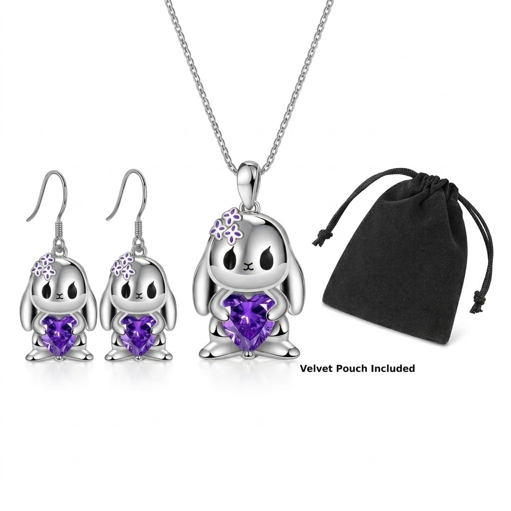 SUPAC Stainless Steel Angry Bunny Pendant Necklace with Purple Crystal Heart, 19.68 inch Chain - Silver Plated