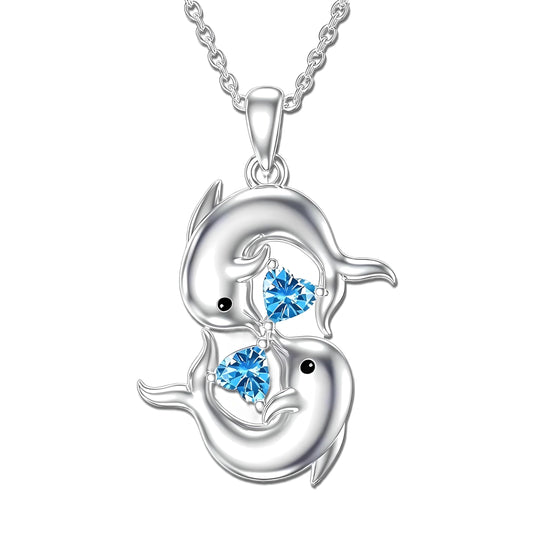 Sterling Silver Double Dolphin Pendant Necklace with Blue Crystal Hearts, Ocean Theme Jewelry