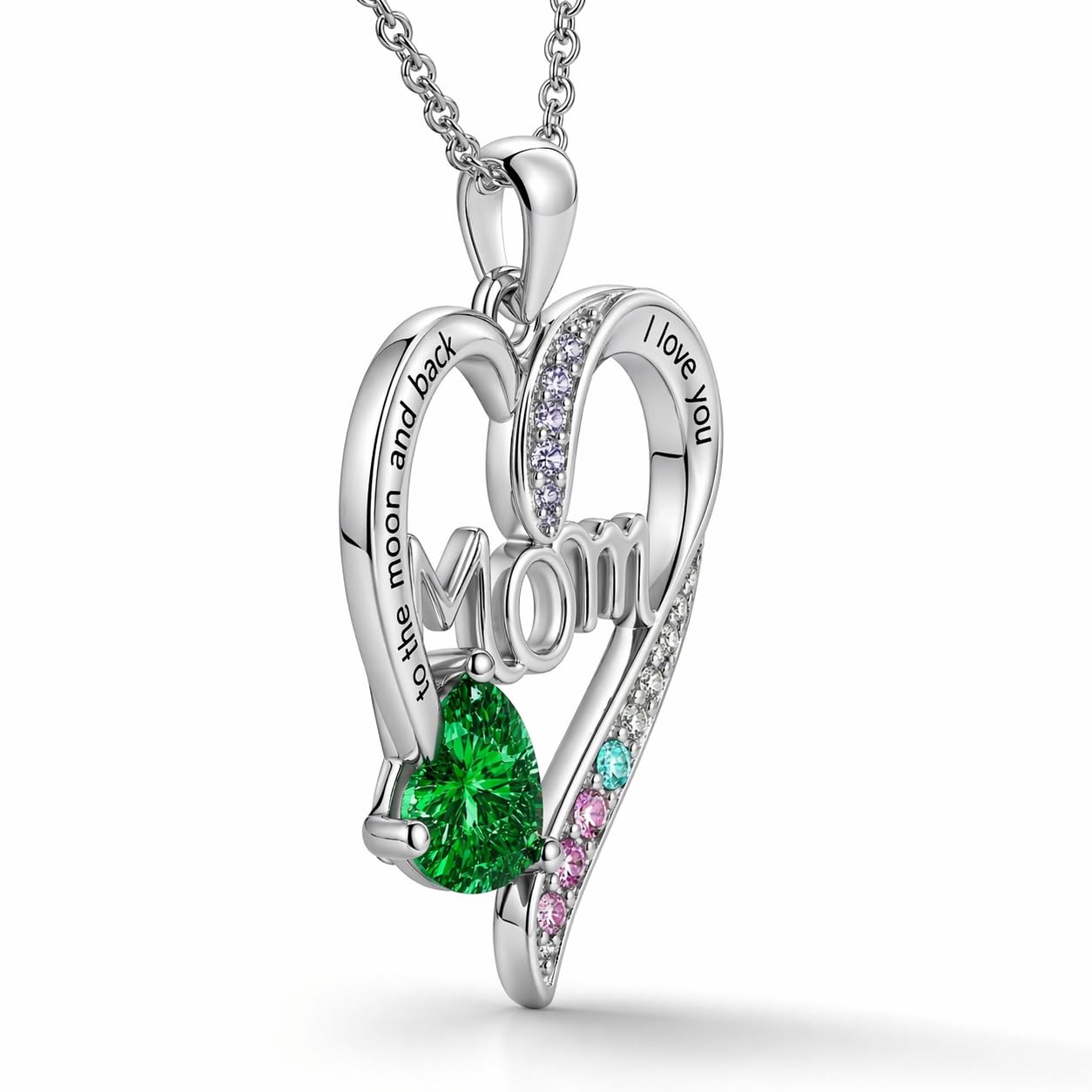 SUPAC Heart Mom Necklace, Sterling Silver Crystal Pendant with Pink Heart Stone, I Love You to the Moon and Back - Mother's Day Gift