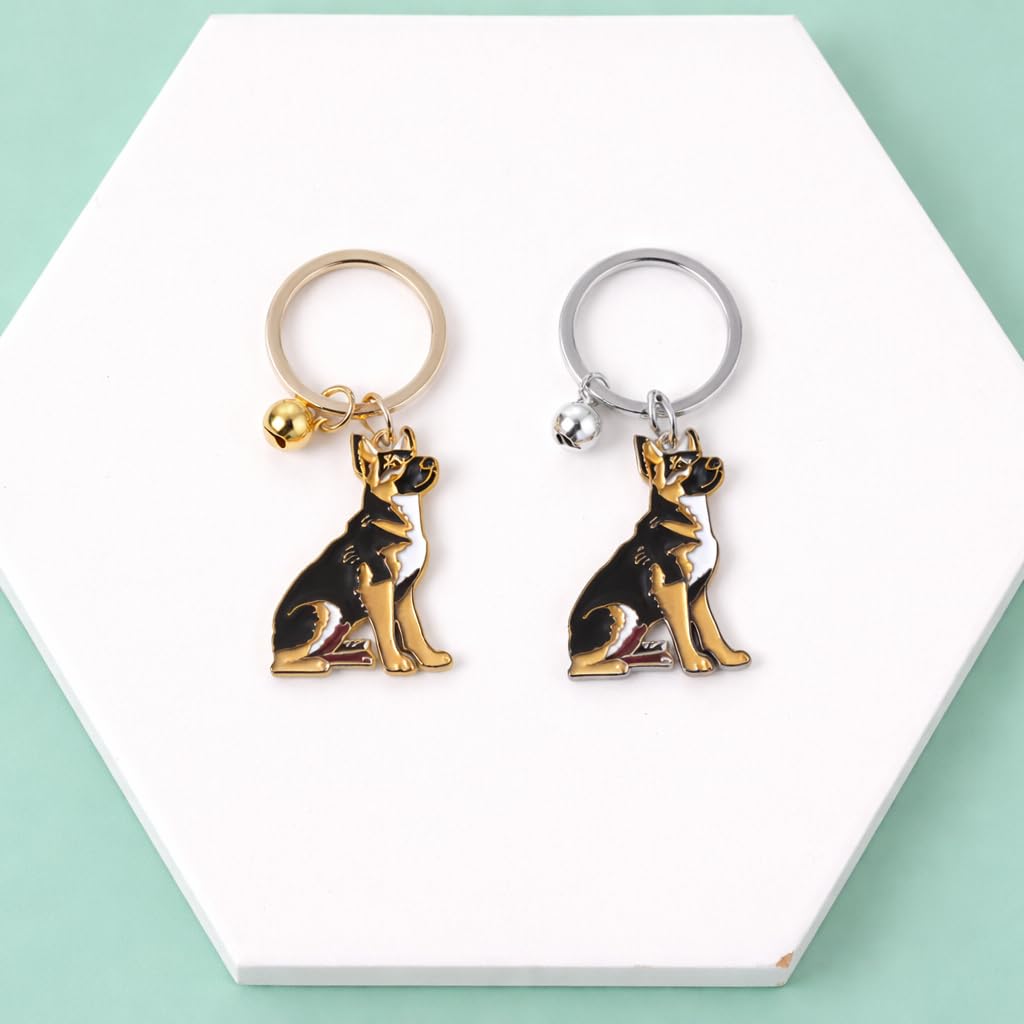 SUPAC Elegant German Shepherd Dog Keychain, Black and Gold Enamel Charm with Bell, Metal Key Ring, 1.5 x 1.09 Inch