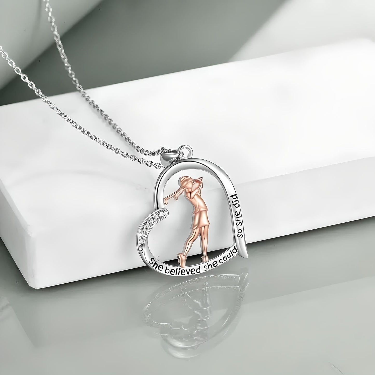 Creative Sports Golf Woman Heart-shaped Pendant Necklace, Elegant Golf Jewelry, Birthday Party Christmas Gift: "She believed she could so she did"
