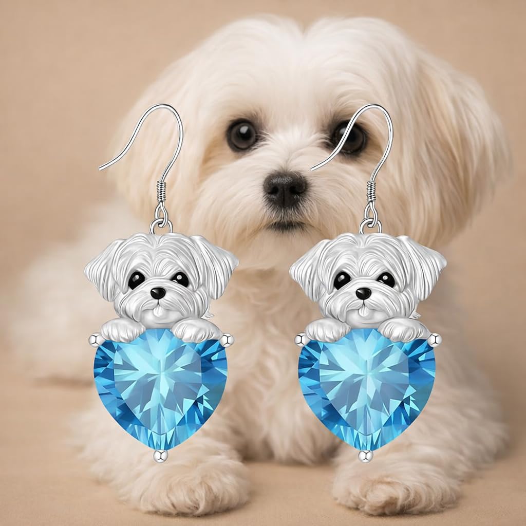 Decorative Dog Dangle Earrings, Blue Crystal Heart, Silver Shih Tzu Design
