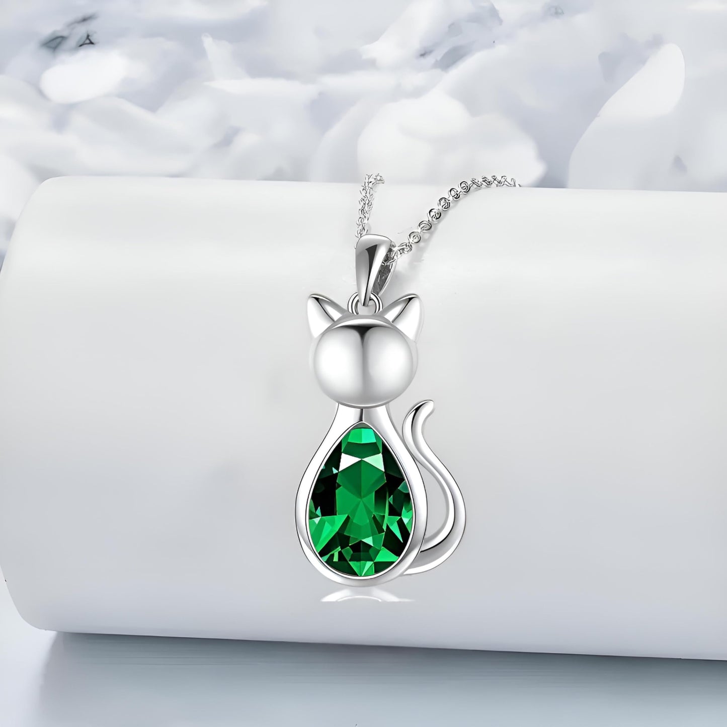 Crystal Cat Pendant Necklace, Silver Chain with Sleeping Cat Design, 17.7 inch Length