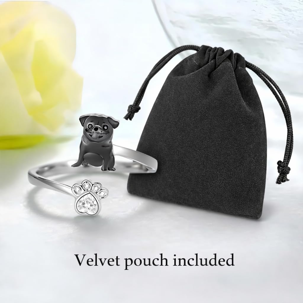 SUPAC German Shepherd, Yorkie, Pug Dog Paw Adjustable Ring, Sterling Silver, Paw Print Design with Crystal Accents - Christmas, Birthday, or Party Ring