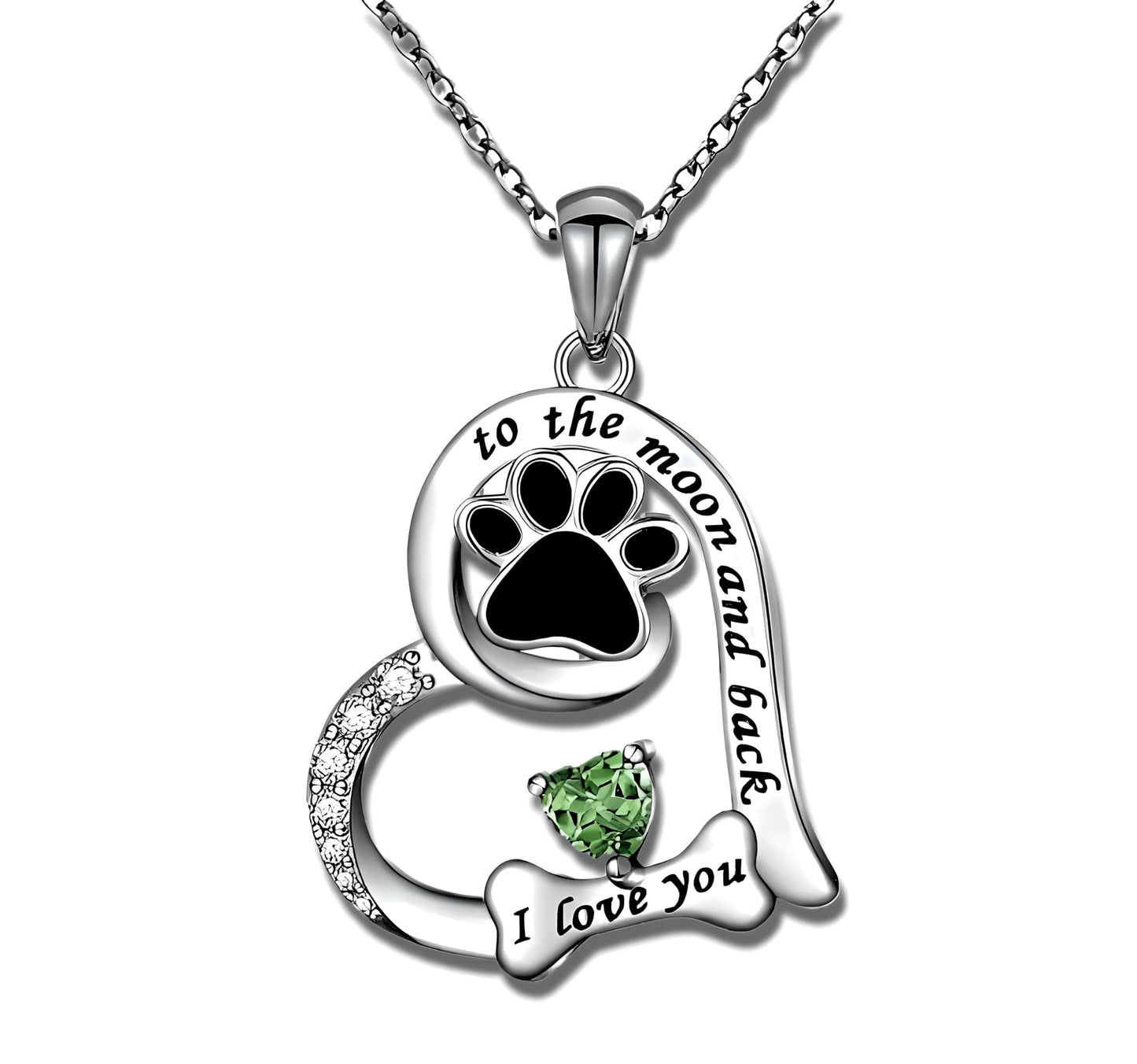 SUPAC Dog Paw Love Pendant Necklace, to the moon and back, I love you- Jewlery Gift for Birthdays or Christmas. Multiple Color Options of Simulated Diamond