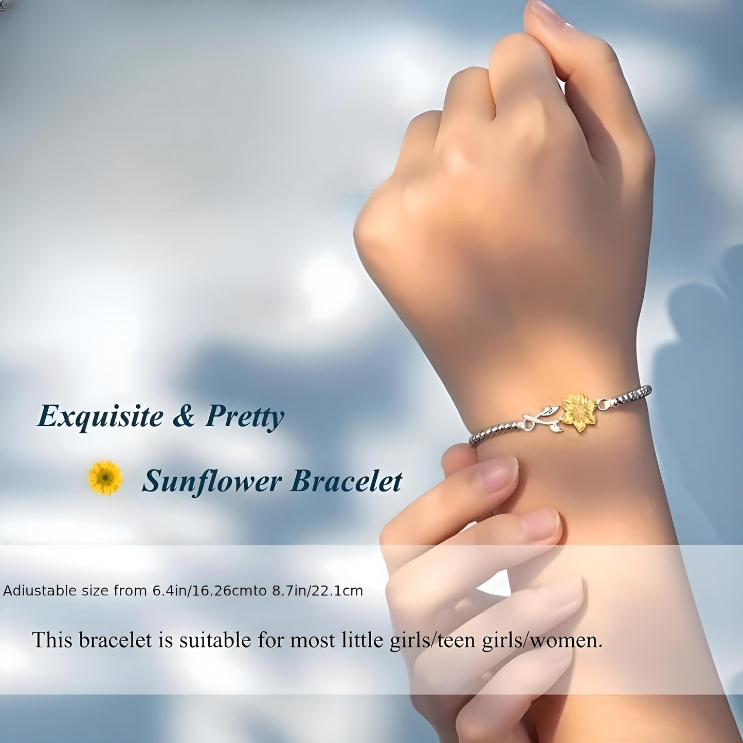 Sunflower Beaded Bracelet, Silver Chain with Gold Flower Charm, Inspirational Jewelry Gift