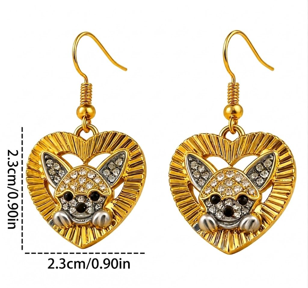 Chihuahua Heart Dangle Earrings, Gold Tone Stainless Steel, Crystal Rhinestone Dog Charm, 0.90 in - Stainless Steel Jewlery, Dog Lover's Gift