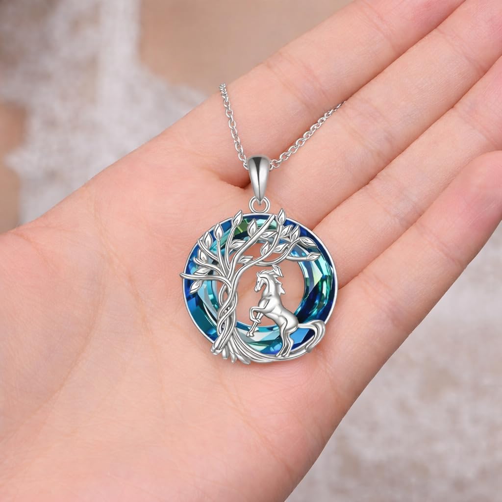 SUPAC Tree of Life Swing, Sloth, Horse + Other Styles Pendant Necklace, Silver Chain, Crystal Rainbow Background - Gift for Friends (Horse)
