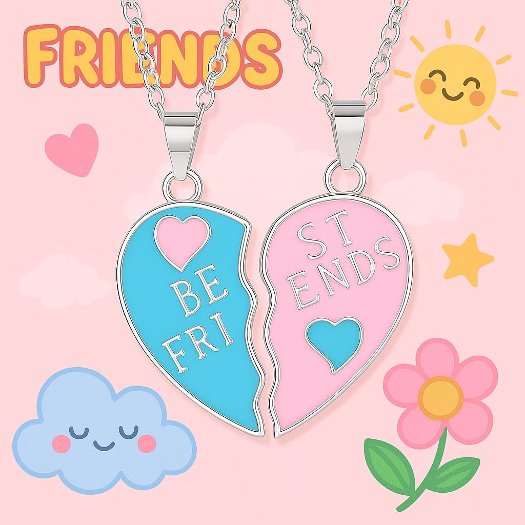 Best Friends Split Heart Pendant Necklaces, Pink and Blue Enamel, 2 Piece Set Gold or Silver Options - Gift for Best Friends