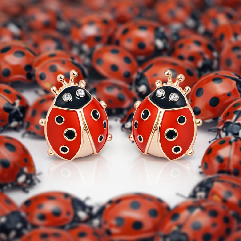 Cute Ladybug Stud Earrings, Red and Black Enamel with Crystal Rhinestones, Rose Gold Plated, 1.5cm x 1.2cm