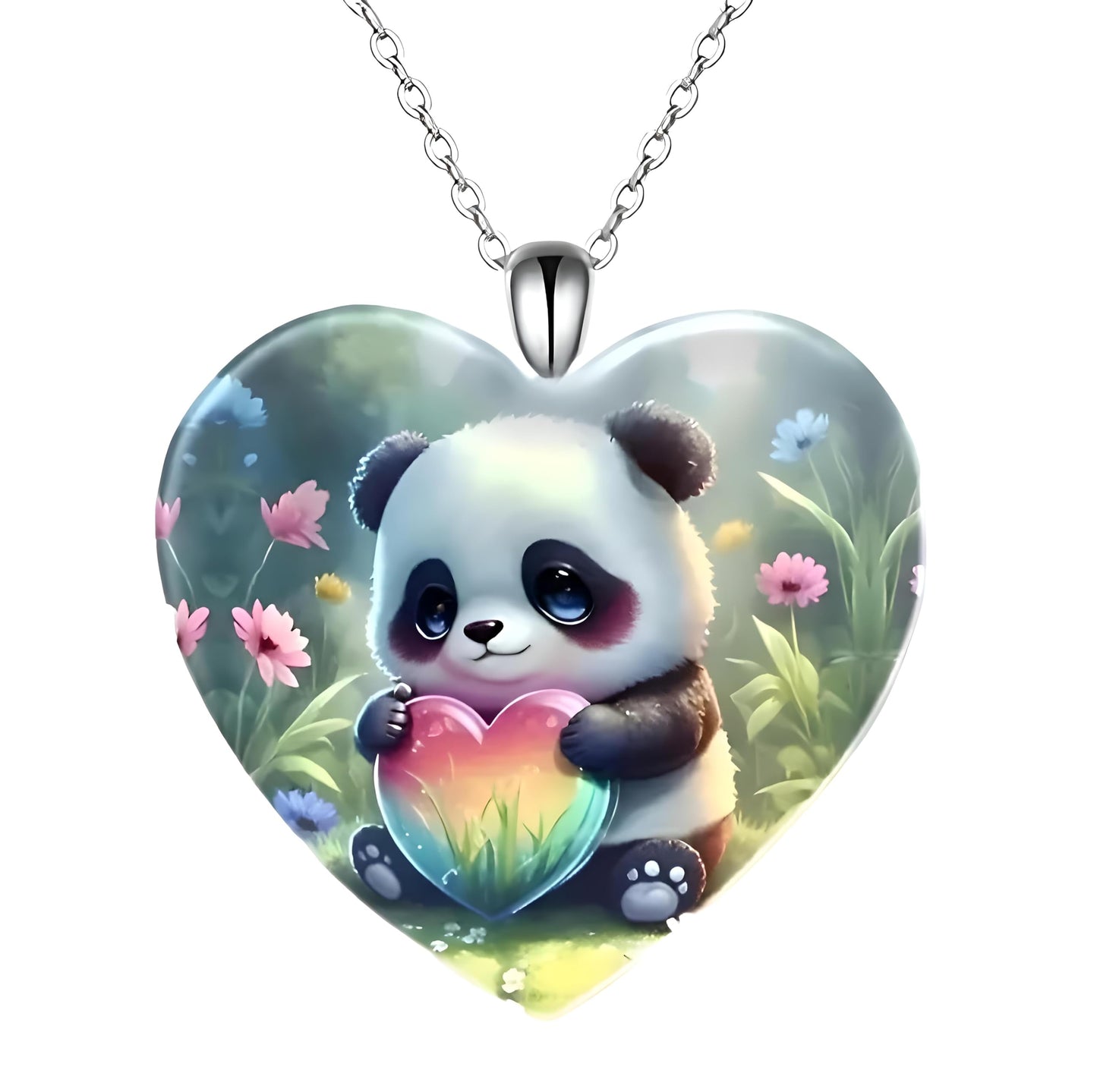 Heart-Shaped Pendant Necklace with Different Animals - Panda, Horse, Deer, Cat, Elephant, Dog Scenic Views, Stainless Steel Necklace with Glass Pendant - Christmas, Holiday, or Birthday Gift